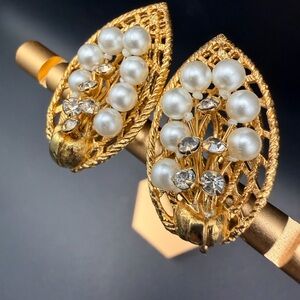 Coro Faux Pearl Grape Rhinestone Earrings Gold Tone, Signed, Vintage Clip-On